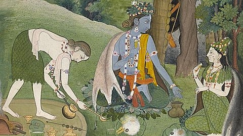 Exiled Rama, Sita and Lakshmana having a meal in the forest, as seen in a Pahari painting from circa 1780-1815